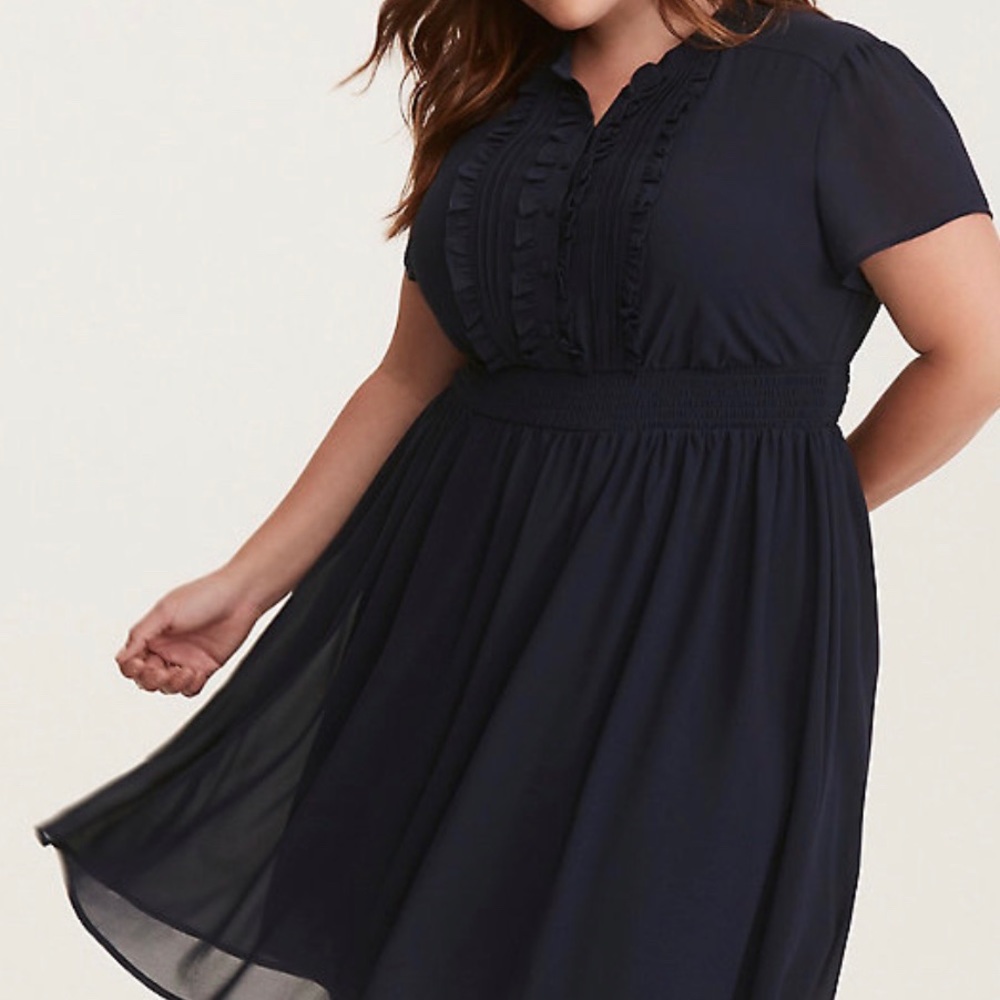 Navy Blue Ruffle Short Sleeve Dress